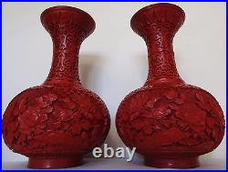 10 Two Antique Chinese Red Cinnabar Lacquer Carved Blue Enamel Vase Pair Set