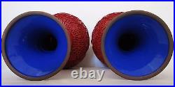 10 Two Antique Chinese Red Cinnabar Lacquer Carved Blue Enamel Vase Pair Set