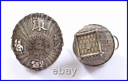 1930's Chinese Solid Silver Basket Salt & Pepper Shaker Cellar Set Marked