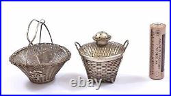 1930's Chinese Solid Silver Basket Salt & Pepper Shaker Cellar Set Marked