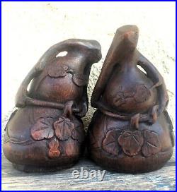 2-pc Set Antique Chinese Boxwood Gourd 7 Sculptures Hand Carved Vine Leafs