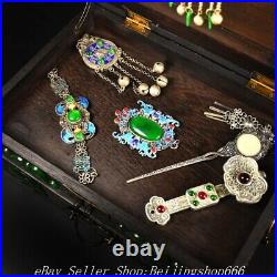 8 Old Chinese Huanghuali Wood Silver Inlay Jade Ring earrings jewelry Box Set