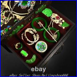8 Old Chinese Huanghuali Wood Silver Inlay Jade Ring earrings jewelry Box Set