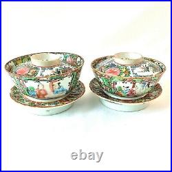 ANTIQUE CHINESE ROSE MEDALLION SET 2 LIDDED SOUP RICE BOWL w STAND 3 PC 1850-90