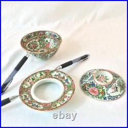 ANTIQUE CHINESE ROSE MEDALLION SET 2 LIDDED SOUP RICE BOWL w STAND 3 PC 1850-90