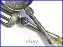 ANTIQUE CHINESE SALAD SERVING SPOON FORK SET CHINA QING DYNASTY JADE w AMETHYST