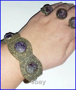 ANTIQUE CHINESE SET With CARVED AMETHYSTS BRACELET, RING, EARRINGS. 1900s
