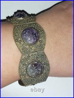 ANTIQUE CHINESE SET With CARVED AMETHYSTS BRACELET, RING, EARRINGS. 1900s