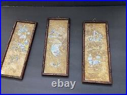 ANTIQUE CHINESE STONE PANELS WITH MOP & BRASS INLAY Set Of 3 1920s