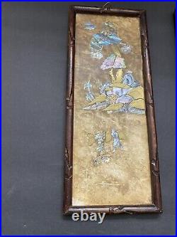 ANTIQUE CHINESE STONE PANELS WITH MOP & BRASS INLAY Set Of 3 1920s