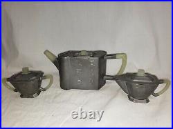 ANTIQUE Chinese Yixing Pewter and Jade Handle Teapot Tea Set Sugar Creamer