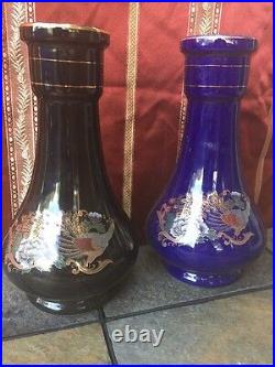 Antique Asian CHINESE PEACOCK Rose Famille VASES Black & Cobalt Blue set of 2