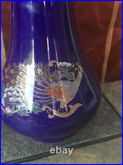 Antique Asian CHINESE PEACOCK Rose Famille VASES Black & Cobalt Blue set of 2