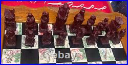 Antique Asian Chinese Chess Board Set Hand sculptured Etched Wood Chest drawers
