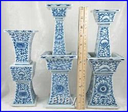 Antique Chinese Altar Set 3 Blue White Porcelain Candle Stands Wedding Ceremony