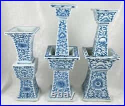 Antique Chinese Altar Set 3 Blue White Porcelain Candle Stands Wedding Ceremony