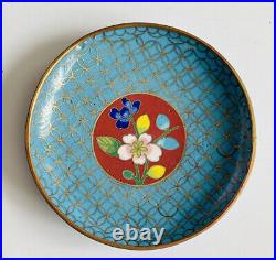 Antique Chinese Cloisonné Blue Enamel Mini Plate, Floral Design Set 4