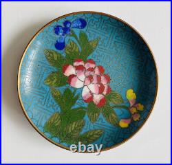 Antique Chinese Cloisonné Blue Enamel Mini Plate, Floral Design Set 4