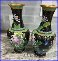 Antique Chinese Cloissone Vases With Flower and Bird Design Set Of 2 STUNNING