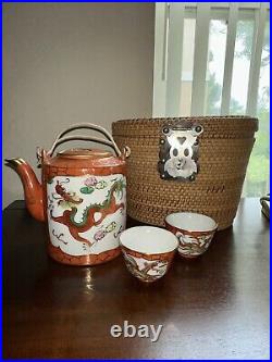 Antique Chinese Coral Red Gold Dragon Porcelain Tea Set Basket P. C. T. Hong Kong