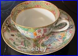 Antique Chinese Cup Saucer Set Rose Medallion Canton Style Pristine Condition