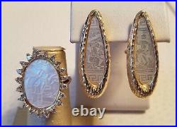 Antique Chinese Export Game Mother of Pearl Token 14K Gold Ring and Earring Set