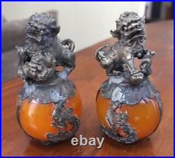 Antique Chinese Foo Dogs Nickel Silver Statue with Carnelian Stone Sphere Set