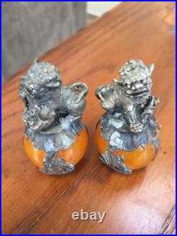 Antique Chinese Foo Dogs Nickel Silver Statue with Carnelian Stone Sphere Set