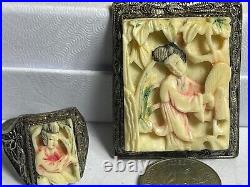 Antique Chinese Import Silver Filigree Carved Geisha Courtesan Jewelry Set