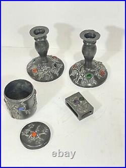 Antique Chinese Jade Agate Serpentine Pewter Candle Holder & Cigarette Set