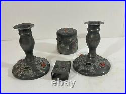Antique Chinese Jade Agate Serpentine Pewter Candle Holder & Cigarette Set