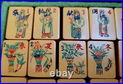 Antique Chinese Mahjong Game Set Carved Bakelite 148 Tiles Leather Case Key Rare