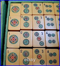 Antique Chinese Mahjong Game Set Carved Bakelite 148 Tiles Leather Case Key Rare