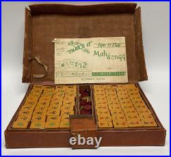 Antique Chinese Mahjong Set Carved Bakelite 144 Tiles Leather Case Brochures