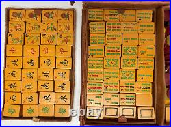 Antique Chinese Mahjong Set Carved Bakelite 144 Tiles Leather Case Brochures