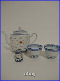 Antique Chinese Marked Blue, White And Red Porcelain Rice Grain Teapot Set