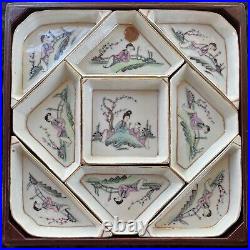 Antique Chinese Porcelain Dish Set Hand Painted Rooster Cock Glass Wooden Case