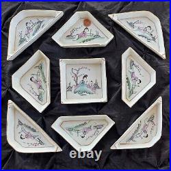 Antique Chinese Porcelain Dish Set Hand Painted Rooster Cock Glass Wooden Case