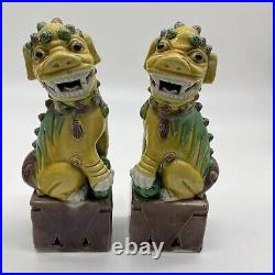 Antique Chinese Porcelain Foo Dog Statue Set 7.5 Inch STAMPED CHINA