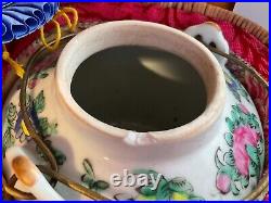 Antique Chinese ROSE MEDALLION Porcelain TEA SET in Padded Woven WICKER BASKET