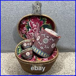 Antique Chinese Rose Medallion Porcelain Picnic Tea Set Padded Wicker Basket