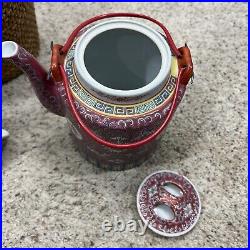 Antique Chinese Rose Medallion Porcelain Picnic Tea Set Padded Wicker Basket