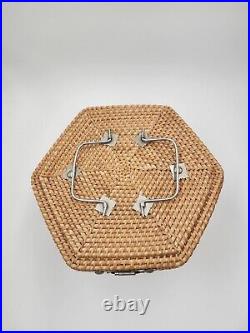 Antique Chinese Rose Medallion Porcelain Picnic Tea Set Padded Wicker Basket New