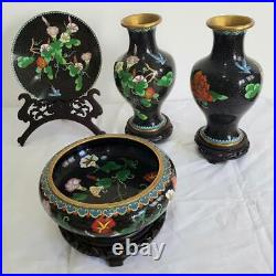 Antique Chinese Set Cloisonne Enamel 2 Vases 1 Bowl 1 Plate/dish Wooden Bases