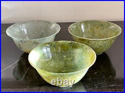 Antique Chinese Translucent Celadon Spinach Green Jade Bowls Set of 3