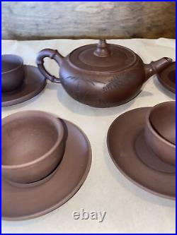 Antique Chinese Yixing Earthenware Tea Set, Teapot, 6 Cups And Saucers