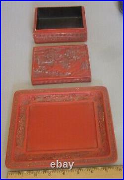 Antique Chinese carved CINNABAR BOX & TRAY 3p set 7x8 old Asian red lacquer