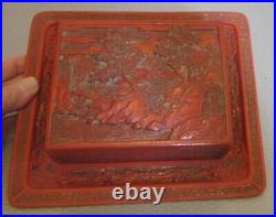 Antique Chinese carved CINNABAR BOX & TRAY 3p set 7x8 old Asian red lacquer