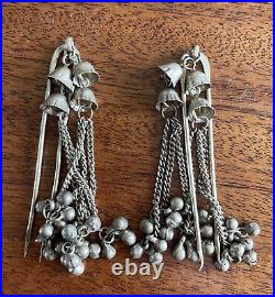 Antique Hairpins Combs Chinese Asian Silver Old Dangling 3 Bells Set Of 2