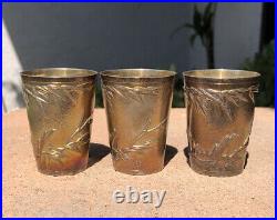 Antique Old Chinese Export Sterling Silver Bamboo Nanking 3 Bar Shot Glasses Set